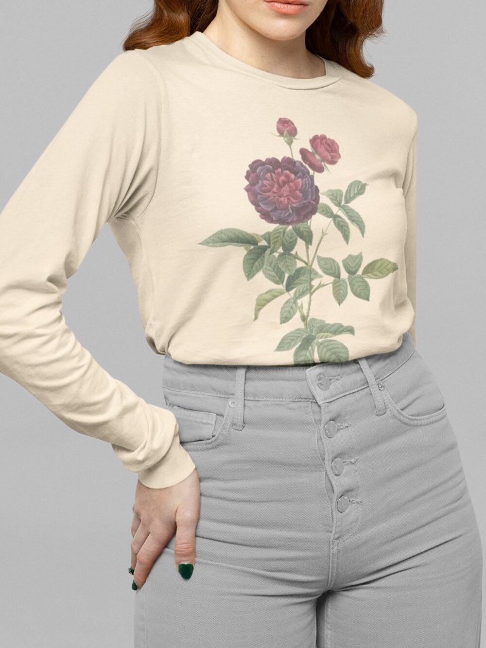 Rose Vintage Floral Print Long Sleeve Graphic Tee T-shirt S-XXL